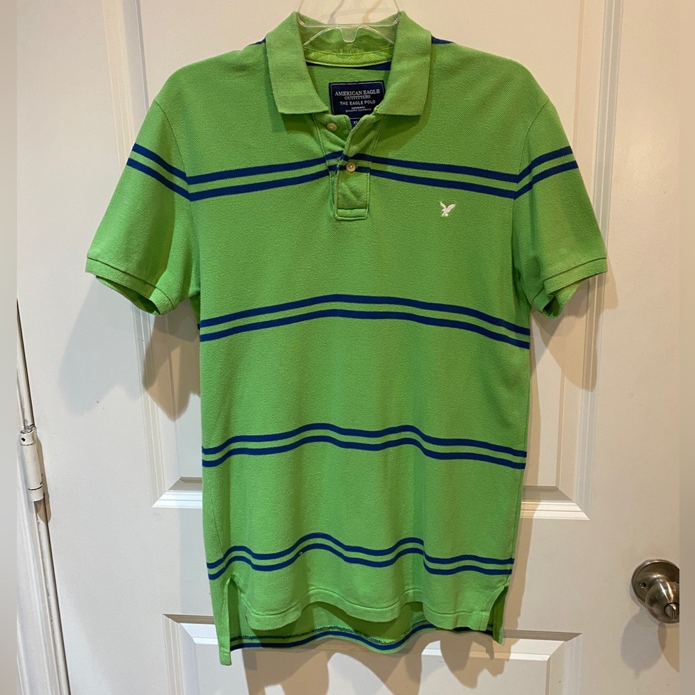American Eagle Outfitters, XS, Green polo with navy blue stripes
